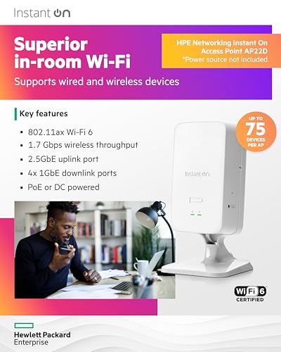 Image of HPE Networking Instant On Access Point AP22D 2x2 WiFi 6 Indoor Wireless Access Point | Single-Room, Secure, Smart Mesh Support | Power Source NOT Included | US Model (S1U75A)