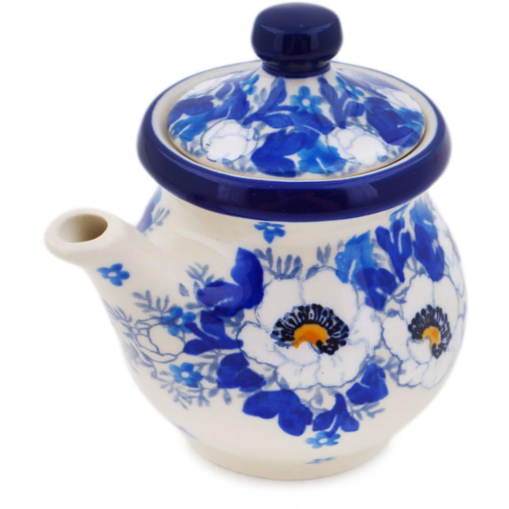 Authentic Polish Pottery Creamer with Lid in Blue Spring Design Handmade in Boles?awiec Poland by Ceramika Artystyczna + Certificate of Authenticity