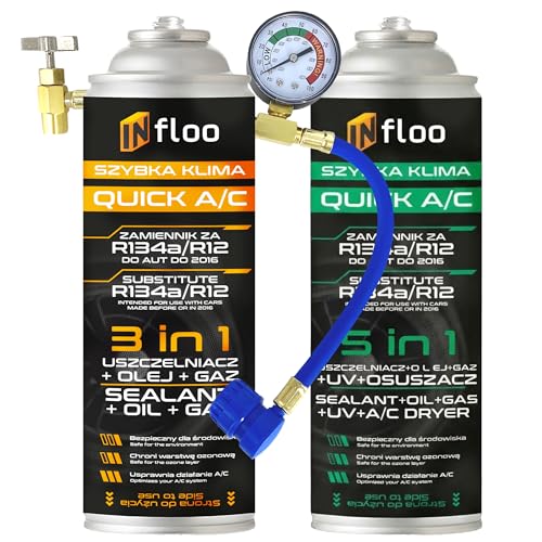 INfloo Quick A/C R134a 5in1 + 3in1 – Ersatzgas mit Öl, Dichtmittel, UV + Trockner, Schlauch mit Manometer + Handschuhe – Set Auto Klimaanlage 1994–2016