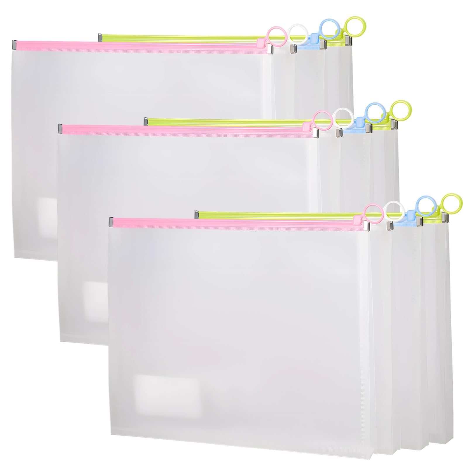 Buste portadocumenti in PVC trasparente, confezione da 12, impermeabili, formato A4, con cerniera, 24,9 x 33 cm, multicolore (bianco, blu, verde), per documenti, cancelleria e piccoli oggetti