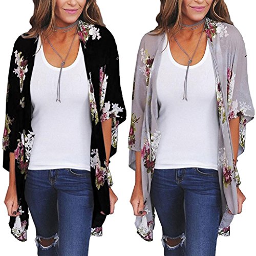 Tootu Women Chiffon Loose Shawl Print Kimono Cardigan Top Cover Up Blouse Beachwear (S, Black)