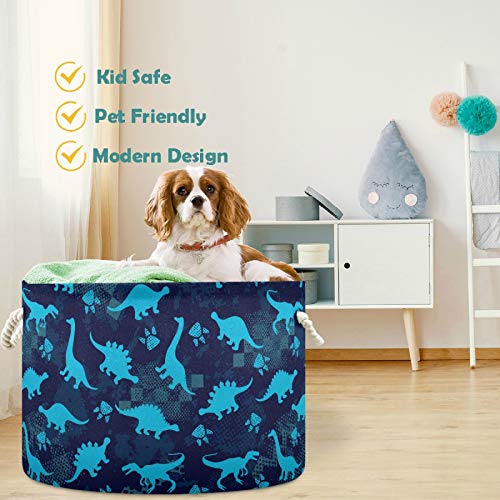 Image of visesunny Storage Basket Blue Dinosaur Footprint Nursery Hamper Basket Clothes Toy Storage Organizer Bin Box Collapsible Laundry Bag for Kid Room,Playroom,Bathroom,Living Room,Dorm,Office