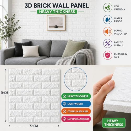 Image of 3D Brick Wallpaper for Wall | Self Adhesive PE Foam DIY Panel | Peel & Stick Decor for Home, Living, Bedroom & Office (70 x 77 cm, Appx 5.8 Sq Ft) (15, White)