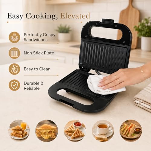 Image of Pringle Crusty Sandwich Maker | 800W Non-Stick Plates | Black & Metallic Finish | Uniform Heat Distribution | Easy Lock System | Toast & Grill Sandwiches | 2-Year Onsite Warranty