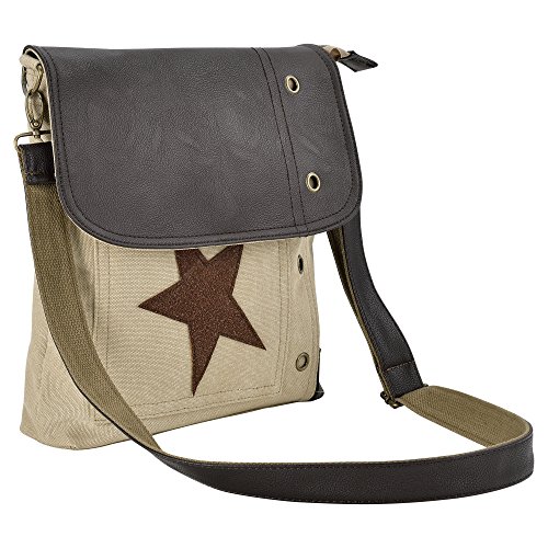 Corium Bolso de Hombro para Mujeres Beige con Estrella marrón Bolso de Lino 27 x 30 x 6cm