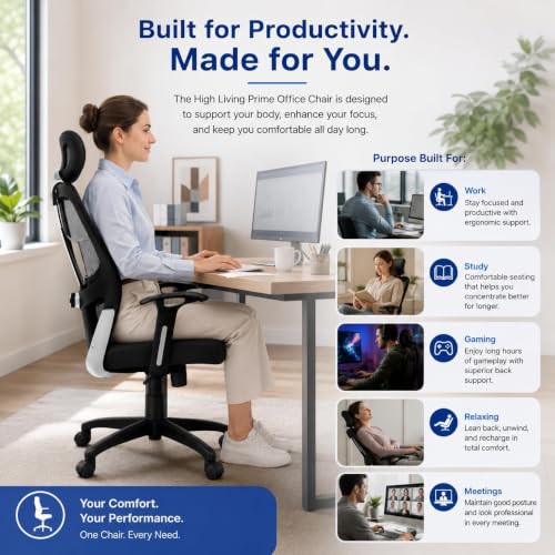 Image of HIGHLIVING Ergonomic Office Chair with Adjustable Lumbar Support, Breathable Mesh Back, Tilted Headrest , 120 Recline, Height Adjustable Swivel Chair with Fixed Armrest & Nylon Base (Black)