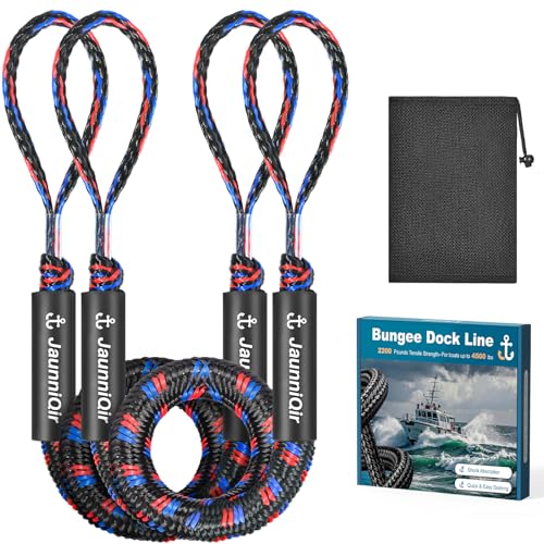 JaunniQir 2200lb Bungee Dock Lines 4-5.5ft Shock Absorbing Mooring Ropes with Foam Floats Stretchable Dock Snubber for Jet Ski Pontoon Kayak 2 Pack Boat Accessories Storage Bag (Black/Red/Blue)