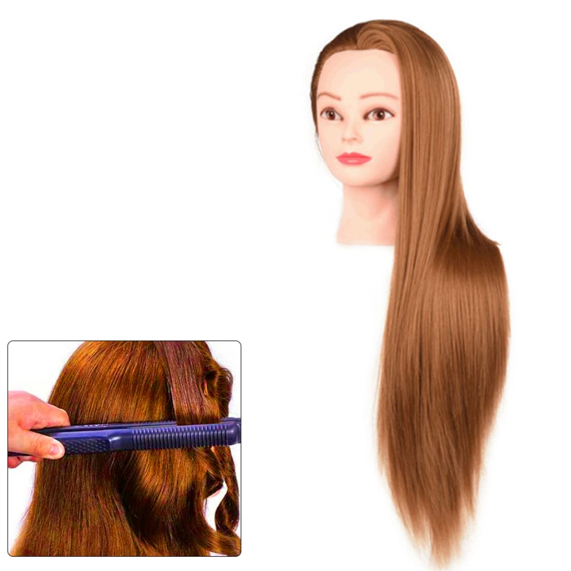 24.8 Testa di manichino per capelli in fibra sintetica, testa di formazione per lo styling per display per parrucchiere (giallo brunastro)