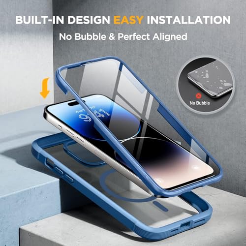 Image of Miracase Magnetic for iPhone 14 Pro Max Case 6.7 inch, (Compatible with MagSafe) Upgrade Full-Body Clear Phone Bumper Case with Built-in 9H Tempered Glass Screen Protector, Magnetic Capri Blue