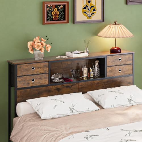 VEDECASA Tête de lit 160 x 200 cm avec 4 tiroirs en tissu et étagère, tête de lit autoportante avec espace de rangement, fixation réglable pour cadre de...