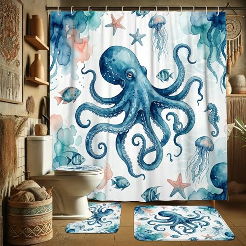 Rideau de douche polyester imperméable bleu étoiles de mer et poisson - 4