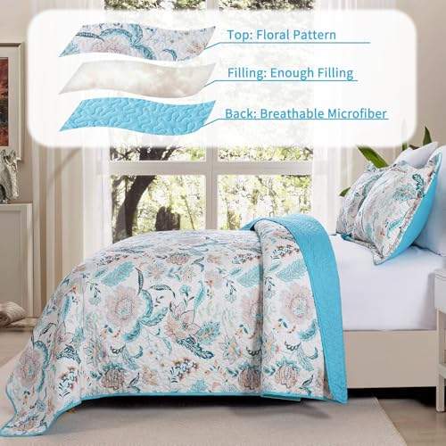 VAPUTAR Garden Queen Size Bedspread for Adults - Floral Quilt Queen Size Bedding Set (90 x 98 inch) with 2 Pillow Shams - Lightweight Reversible Coverlet Quilt for Bedroom, 3 Pieces