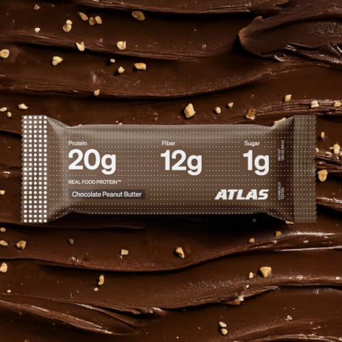 Image of Atlas Real Food High Protein Bars - 20g Protein, 12g Fiber, 1g Sugar, Clean Ingredients, No Added Sugar, No Seed Oils, No Artificial Sweeteners (Chocolate Peanut Butter, 12 Count)