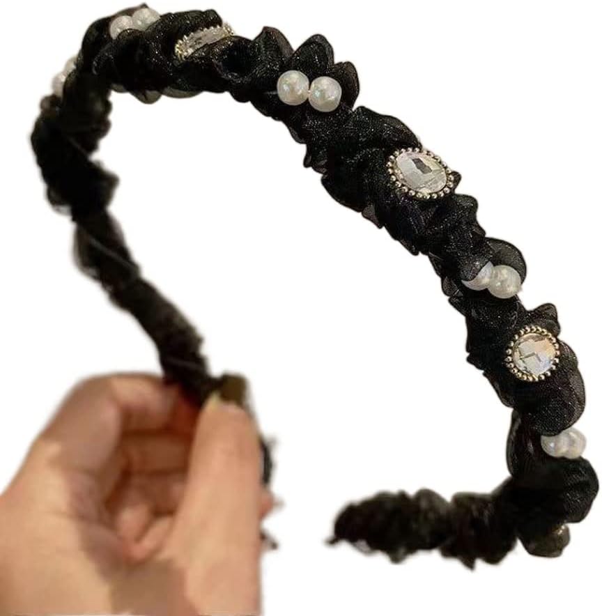 Flash Diamonds Pleated Hair Band Pearl Wild Hair Card Female Temperament Hair Ornaments Thin Side Headband (Color : D, Size : 1)