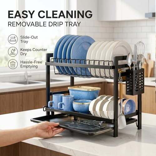Image of COMFYHOME Utensils Drying Rack,2-Tier Stainless Steel Dish Drying Rack, Saving Countertop Organizer with Drainboard, Drainer Tray & Utensil Holder,Rust-Resistant Suitable for Plates, Cutlery, Bowls