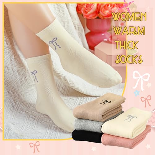 Image of Shyyween 5 Pairs Bow Warm Thick Socks for Women Cute Embroidery Socks Winter Thermal Warm for Ladies