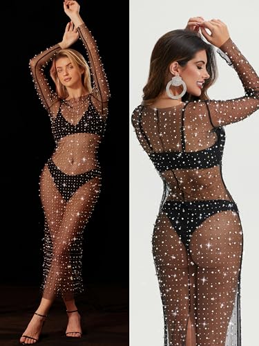 Womens Pearl Dress Mesh Sparkly Rhinestone Dress Cover Up4