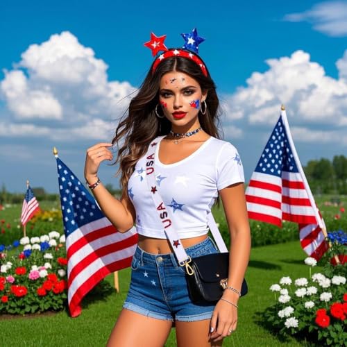 Image of 4th of July Purse Strap Red White Blue Beaded USA Star Purse Strap Replacement American Independence Day Outfits