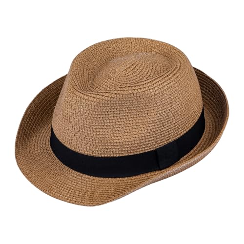 Straw Fedora Hat for Women Men Short Brim Panama Hat Roll Up Trilby Summer Beach Sun Hat UPF 50+ (US, Alpha, Large, X-Large, Khaki)