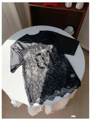 Women's Y2K Jersey Shirt Letter Graphic Beaded Short Sleeve See Through T Shirts V Neck Mesh Sheer Summer Jerseys Top4