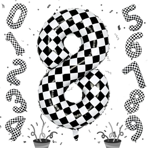 Image of Foil 8th Birthday Number Balloon, Large Checkered Helium 8 Racing Balloons Decor, 40 Inch Self Inflating Black and White Number 8 Balloons for Boys Birthday Race Car Flag Party Decorations Supplies