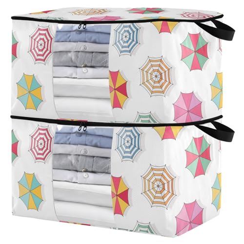 susiyo 2 Pack Clothes Storage Bag Retro Style Beach Umbrella Foldable Blanket Clothing Storage Bags Storage Containers for Organizing Clothing, Comforter, Bedding, 60L Fabric Clear Window Storage Bins