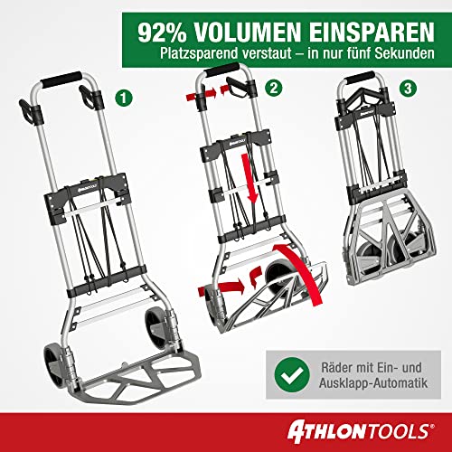 Foto von ATHLON TOOLS Schwerlast-Sackkarre klappbar 150 kg - Aluminium - Große Räder leichtgängig mit Soft-Laufflächen und Kugellager, 2 Expanderseile - Modell 2025