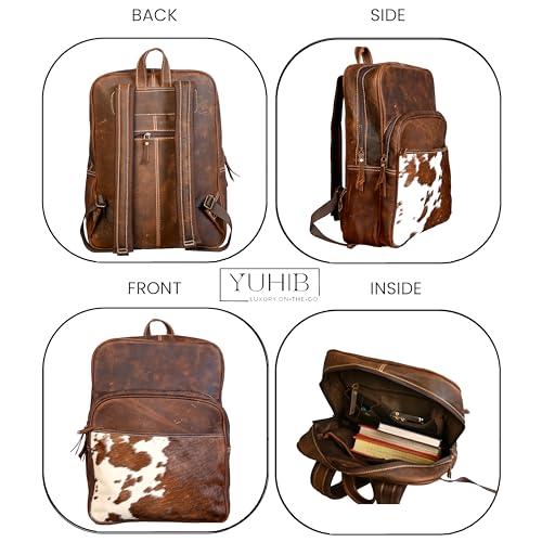 YUHIB Cowhide Leather Backpack for Men & Women 15 Inches Full Grain Leather Laptop Backpack Vintage Cow Skin Rucksack Knapsack Shoulder Leather Bag for Travel Hiking Adventure Dailywear3