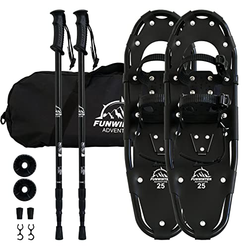 FunWater 3 in 1 Leichte Schneeschuhe für Herren Damen Aluminium Schneeschuh mit Größenverstellbar Trekking Stöcken, Bergausrüstung Wandern auf Schnee, rutschfest Schneeschuh Set 30'', Schwarz Cover