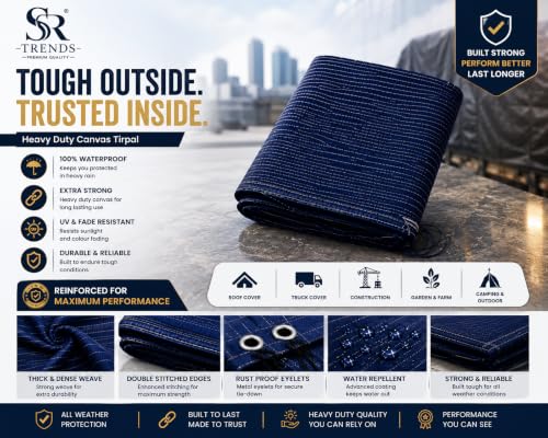 Image of 1200 GSM Heavy Duty Canvas Tarpaulin | 100% Waterproof Resistance, UV Resistant, Tear Proof Tarp with Reinforced Edges & Eyelets for Truck, Outdoor, Construction (Blue, 18 X 15 FT)