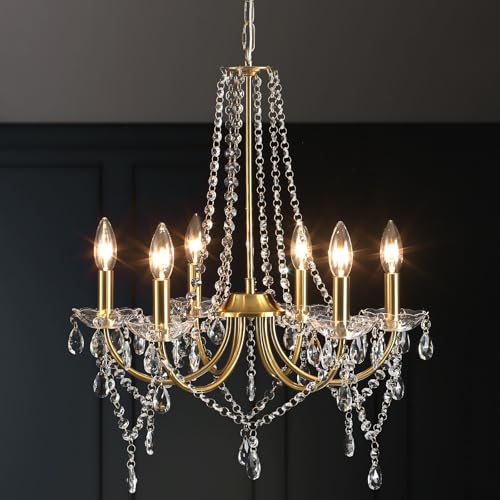 Gold Kristall Kronleuchter Modern 6 Flammig Vintage Kristall Lampe Deckenleuchte Kronleuchter Wohnzimmer Hängeleuchte E14 Goldene Hängelampe Metall Pendelleuchte für Schlafzimmer Küche Esszimmer