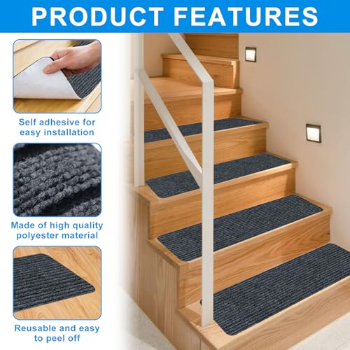 15 Stück Treppenstufen Matten, 55x22 cm Treppenmatten, Dunkelgrau Türmatte Wasserabweisend, Rechteckig Selbstklebend Antirutsch Treppe Stufenmatten Innen, für Schützen Haustiere, Senioren Kinder