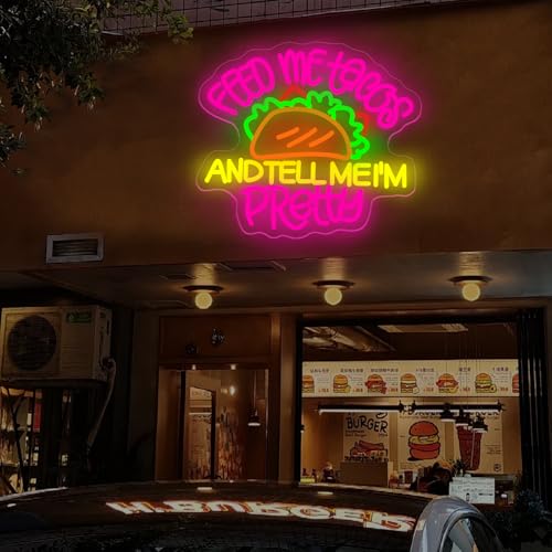Image of Feed Me Tacos And Tell Me I'm Pretty Neon Sign Tacos LED Light | USB Powered Dimmable Mexican Restaurant Decor Taco Party Fast Food LED Light Coffee Decor 15.7 inchx13.8 inch