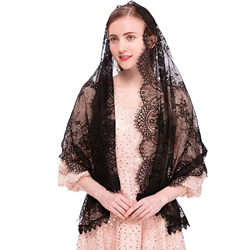 RUNRAYAY Écharpe en Dentelle Noire, Foulard de Tête Voile de Chapelle Rectangulaire Spanis Floral Veils Wrap Shawl Mass Head Covering Cover