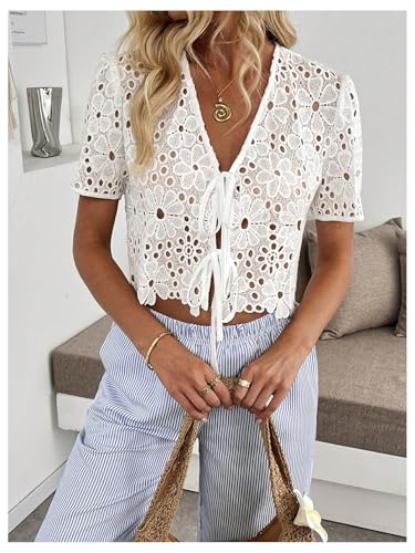 GORGLITTER Women's Floral Tie Front Short Sleeve Blouse Tops Dressy Casual Boho V Neck Eyelet Western Summer Crop Tops4