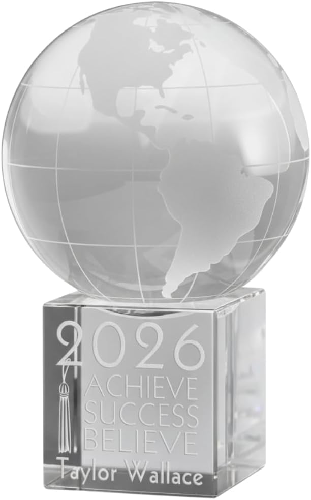 Personalization Universe Graduation Plaques - Personalized Crystal Globe 3.5" H - Ideal Graduation Gifts for Him/Her - Engraved Desk Accessories - Stunning Office Decor, 2.4" Diameter, Satin Lined Box