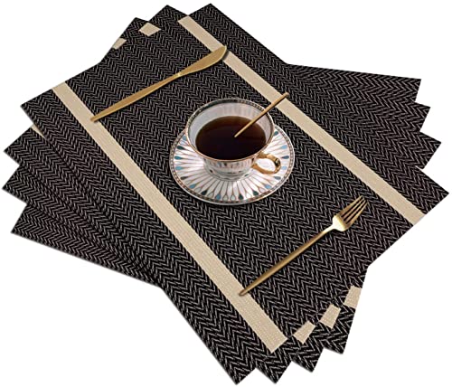 Image of YELONA Placemats Set of 4, Heat-Resistant Woven Vinyl Table Mats, Non-Slip & Washable Dining Tablemats for Kitchen & Dinner Decor, Black & Gold (45cm x 30cm)