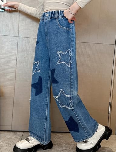 SEAUR Kids Girls Denim Jeans Elastic High Waist Blue Cargo Pants with Pockets Straight Wide Leg Trousers2