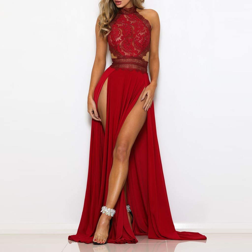 Sukienka wieczorowa damska, seksowna, przezroczysta, koronkowa, bez pleców, z rozcięciem, długa sukienka balowa, wisząca pod szyją, bez rękawów, slim fit, elegancka sukienka koktajlowa