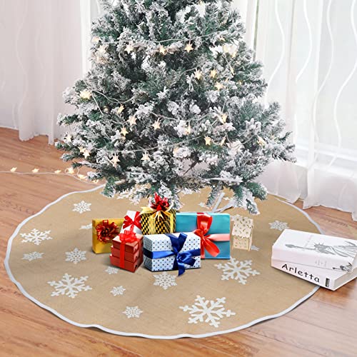 Aerwo Burlap Snowflake Christmas Tree Skirt Ornament 48Inch Diameter Christmas Decoration New Year Party Supply #TOP2