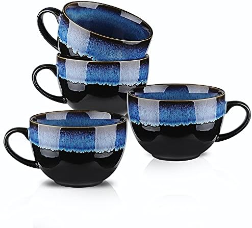 KOOV Ceramic Soup Mug, Soup Bowls with Handles Microwave Safe, 24 Ounce Jumbo Mug and Cereal Mugs Set of 4, Reactive Glaze (Nebula Blue)