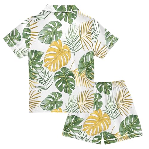ALAZA Tropical Palm Leaf Tree White Satin Pajamas Set Short Sleeve Button Down Sleepwear Summer Pjs 2 Piece2