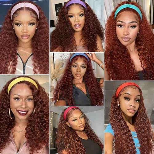 Image of XSY Headband Wig Human Hair Deep Wave #33 Red Reddish Brown Glueless Wigs Human Hair 18 Inch None Lace Front Wig Machine Made Curly Headband Wigs for Black Women 22 Inch