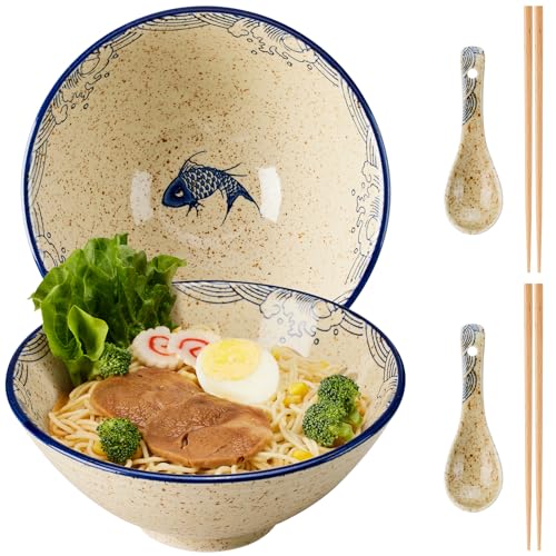 Japanisches Ramen Schüssel Set 2-teilig 1200ml Große Keramik Nudelschalen mit Essstäbchen und Löffel Mikrowellen- & Spülmaschinengeeignet Perfekt für Pho Suppe (Koi-Fisch-Set (2-teilig))