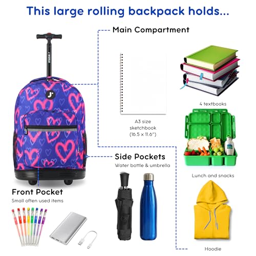 Image of J World Sunrise Kids Rolling Backpack with Wheels for Girls Boys, Roller Bookbag for School, 18 x 13 x 9 Inches, Heart Spray