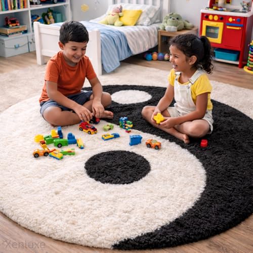 Image of Ultra Soft Plush Shaggy Polyester Round Area Rug for Kids Playroom Nursery Bedroom and Safe Indoor Play Spaces - (Yin Yang, Round, 4x4 feet)
