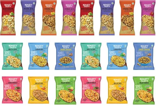 Image of Roasty Tasty Assorted Namkeen Combo | Roasted Millet Snacks Pack | Palm Oil-Free, No Cholesterol, No Trans Fat Snacks, Namkeen & Roasted Chana I Replacement to fried namkeen, potato chips, bhujiya | Healthy Snacks for Weight Management | Pack of 20