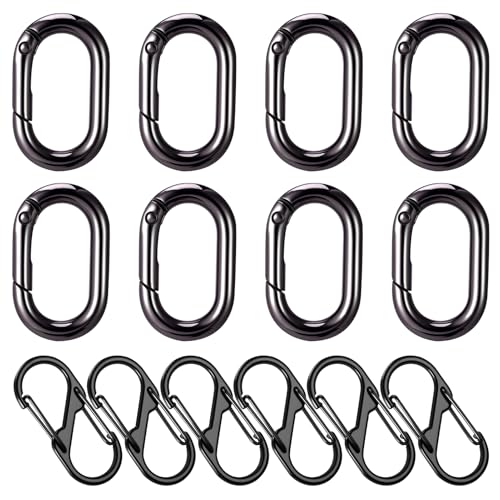 Newofview 14 Stück Metall Karabiner Set, 6 Stück S Karabinerhaken Klein und 8 Stück 1 Zoll Schwarz Karabiner Mini für Outdoor Camping Zuhause Wandern