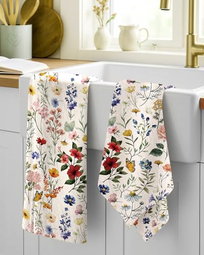 Image of Miss Adola 150GSM Flour Sack Kitchen Towels Set of 2, Vintage Flower | 18 inchx26 inch, Lightweight, Lint-Free, Pure Cotton, Decorative, with Hanging Loop, Absorbent, Softer after Wash, Giftable Package