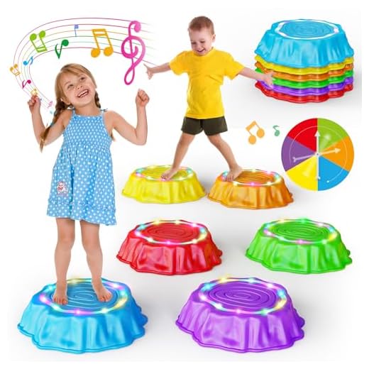 Jofuni Light Up Musical Stepping Stones for Kids - LED Non-Slip Balance Stones Outdoor & Indoor Sensory Toys for Toddlers Ages 3-5 Stackable Step Stone Garden & Playground Activity 6 Pcs Balance Beams